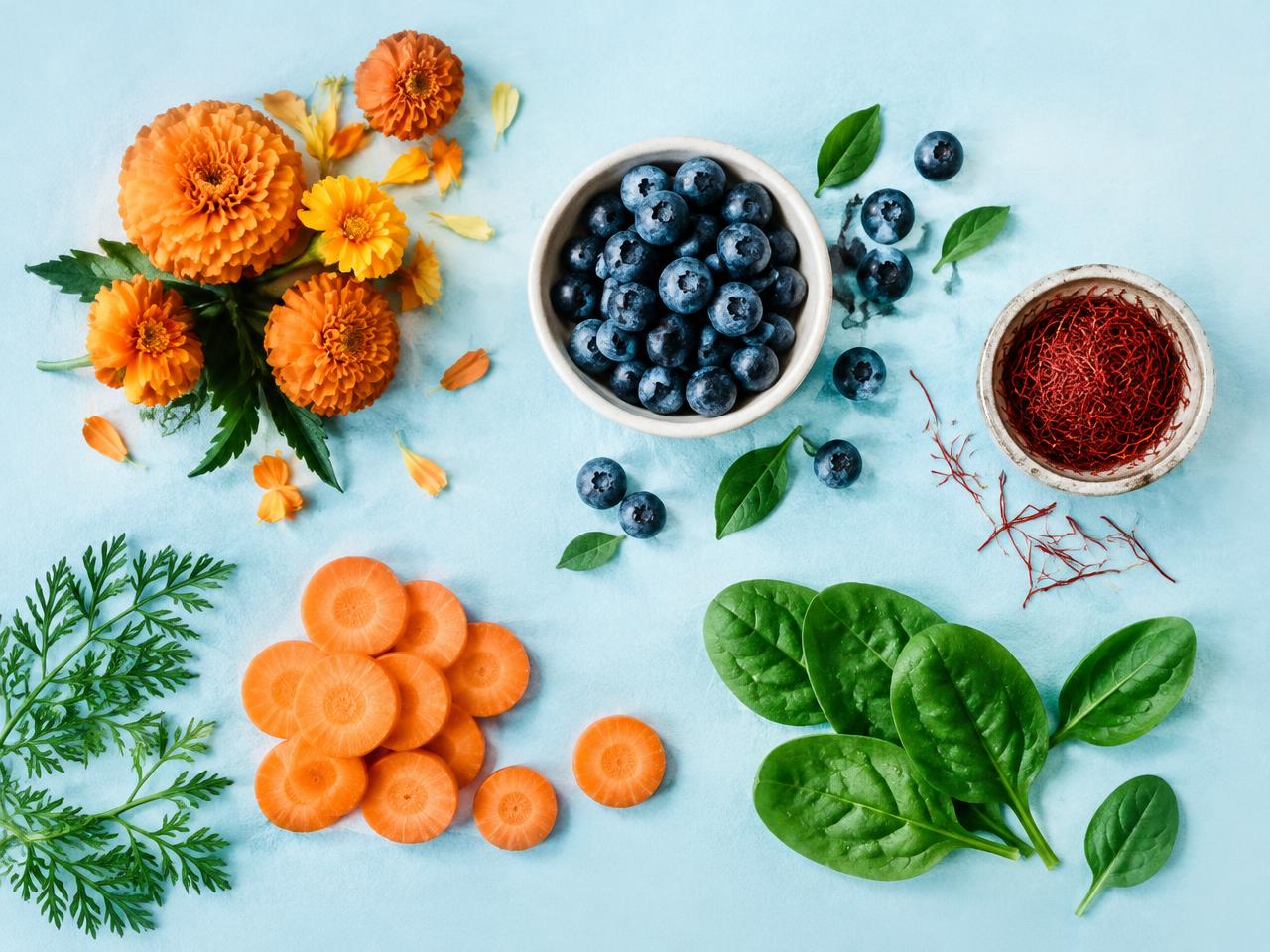 Marigold flowers, bilberries, saffron, carrots and spinach — natural sources of eye nutrients
